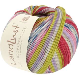 Lana Grossa Landlust Die Sockenwolle 311 Striber/Jacquard Indhold: 80% ren, ny merinould, 20% polyamid Vægt/længde: 100 g = ca. 420 meter Anbefalede pinde: 2.50-3.00 mm Strikkefasthed: 10 x 10 cm = 28 m x 40 p Vask: Finvask 40℃ / Kan tørretumbles.