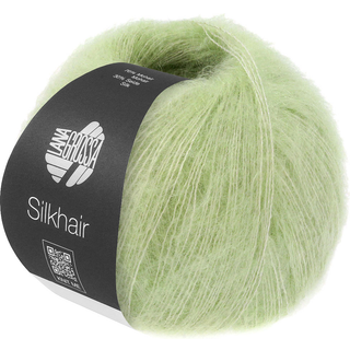 Lana Grossa Silkhair 211 Bleg grøn Indhold: 70% mohair, 30% silke Vægt/Længde: 25 g = ca. 210 meter Anbefalede pinde: 4.50-5.00 mm Strikkefasthed: 10 x 10 cm = 22 m x 27 p Vask:Håndvask / Tørres fladt.