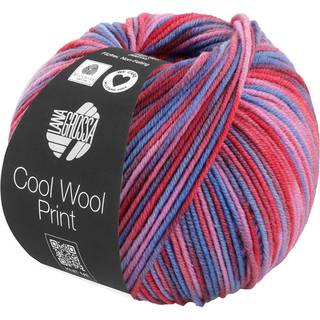 Lana Grossa Cool Wool Print 836 Tomat/Syrenrosa/Dueblå/Violblå/Vinrød/Mørkerød Indhold:100% ren ny, ekstrafin merinould Vægt/Længde: 50 g = ca. 160 meter Anbefalede pinde: 3-3.5 mm Strikkefasthed: 10 x 10 cm = 24 m x 34 p Vask:Finvask 30º/ Tørres fladt.