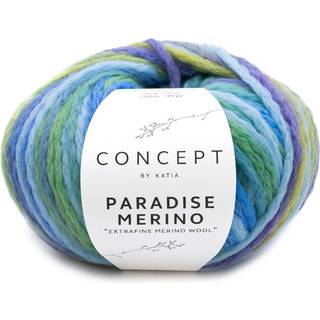 Katia Concept Paradise Merino 502 Lyseblå-Blå-Grøn-Gul Indhold:93% ekstrafin merinould, 7% polyamid Vægt/længde: 50 g = ca 100 meter Anbefalede pinde: 7.00-8.00 mm Strikkefasthed: 10 x 10 cm = 14 m x 20 p Vask: Håndvask / Tåler ikke tørretumbling.