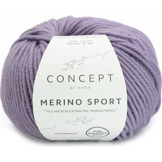 Katia Concept Merino Sport 070 Lavendel Indhold: 100% superwash merinould Vægt/længde: 50 g = ca. 80 meter Anbefalede pinde: 5-5.5 mm Strikkefasthed: 10 x 10 cm = 18 m x 24 p Vask: Finvask 30℃ / Kan tørretumbles.