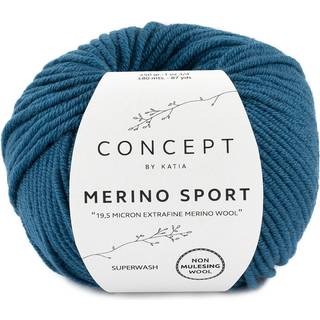 Katia Concept Merino Sport 033 Mørk turkis Indhold: 100% superwash merinould Vægt/længde: 50 g = ca. 80 meter Anbefalede pinde: 5-5.5 mm Strikkefasthed: 10 x 10 cm = 18 m x 24 p Vask: Finvask 30℃ / Kan tørretumbles.