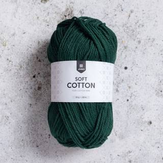 Järbo Soft Cotton 8900 Into the woods Indhold:100% bomuld Vægt/længde: 50 g = ca. 80 meter Anbefalede pinde: 5 mm Strikkefasthed: 10 x 10 cm = 18 m x 26 p Anbefalet hæklenål: 3.5mm Hæklefasthed:18 fm x 20 r Vask: Maskinvask 40ºC.