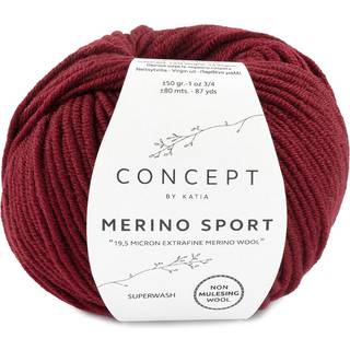 Katia Concept Merino Sport 022 Mørk bordeaux Indhold: 100% superwash merinould Vægt/længde: 50 g = ca. 80 meter Anbefalede pinde: 5-5.5 mm Strikkefasthed: 10 x 10 cm = 18 m x 24 p Vask: Finvask 30℃ / Kan tørretumbles.