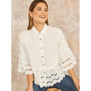 Yumi Yumi White Linen Relaxed Shirt With Scallop Trims