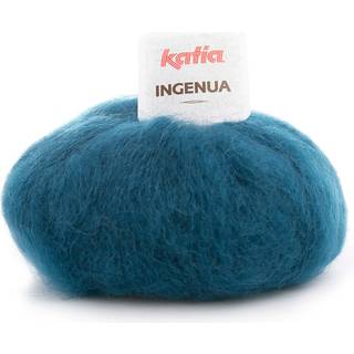 Katia Ingenua 49 Grønblå Indhold:78% mohair, 13% polyamid, 9% merinould Vægt/længde:50 g = 140 meter Anbefalede pinde:5-5.5mm Strikkefasthed:10 cm x 10 cm = 16 m x 20 r Vask:Finvask 30º / Tåler ikke tørretumbling.