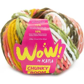 Katia Wow Chunky Boom 304 Grøn-Okkergul-Rosa Indhold: 75% akryl, 15% uld, 10% alpaca Vægt/længde: 100 g = ca. 75 meter Anbefalede pinde: 9-10 mm Strikkefasthed: 10 x 10 cm = 8 m x 12 p Vask: Maskinvask 30℃ / Tåler ikke tørretumbling.