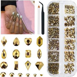 qiipii 1300stk Mine Gold Nail Rhinestones 60 Multi Shapes Flatback Metallic Golden Rhinestones Gems ? Round Beads K9 Glass Nail Stones Diamonds N