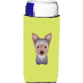 Checkerboard Lime Green Yorkie Puppy Ultra Beverage Isolators til slanke dåser