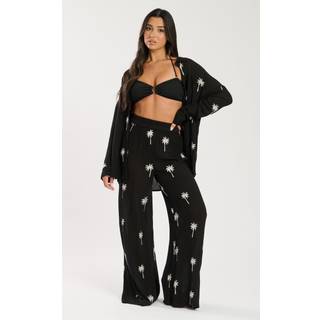 South Beach South Beach Black Palm Tree Embroidered Palm Tree Embroidered Sheer Beach Trousers