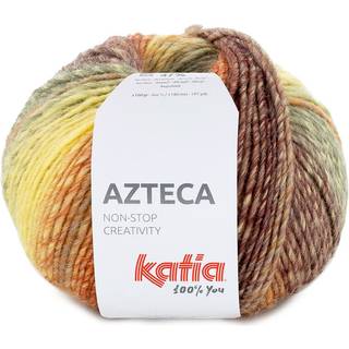 Katia Azteca 90 Rust-gul-grøn Indhold: 53% uld, 47% akryl Vægt/længde:100 g = 180 meter Anbefalede pinde: 5-5.5mm Strikkefasthed:10 cm x 10 cm = 17 m x 23 r Vask: Finvask 30º / Tåler ikke tørretumbling.