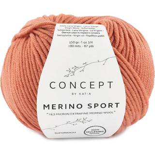 Katia Concept Merino Sport 062 Lakserosa Indhold: 100% superwash merinould Vægt/længde: 50 g = ca. 80 meter Anbefalede pinde: 5-5.5 mm Strikkefasthed: 10 x 10 cm = 18 m x 24 p Vask: Finvask 30℃ / Kan tørretumbles.