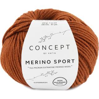 Katia Concept Merino Sport 042 Terra brun Indhold: 100% superwash merinould Vægt/længde: 50 g = ca. 80 meter Anbefalede pinde: 5-5.5 mm Strikkefasthed: 10 x 10 cm = 18 m x 24 p Vask: Finvask 30℃ / Kan tørretumbles.