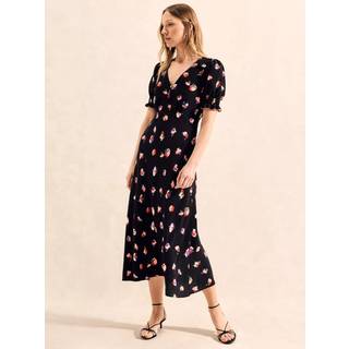 Ro & Zo Ro & Zo Black Petite Pansy Print Shirred Cuff Midi Dress - EU 36 (UK 8)
