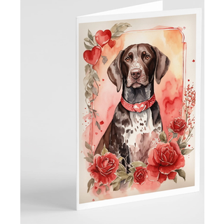 Caroline's Treasures DAC4450GCA7P Tysk korthårede pointer Valentine Roses lykønskningskort Pakke med 8 tomme kort med konvolutter, finurlig A7 -s