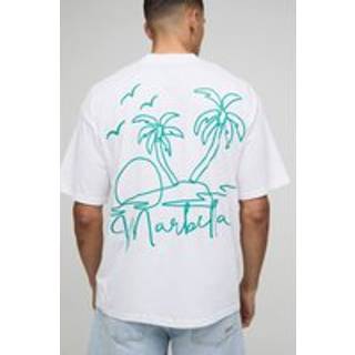 Mens White Oversized Extended Neck Line Drawn Marbella Graphic T-Shirt