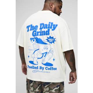 Mens Ecru Plus Oversized Extended Neck Daily Grind Cartoon Graphic T-Shirt
