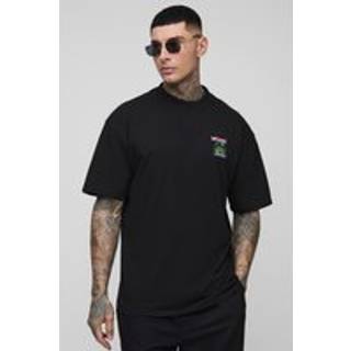 Mens Black Tall Oversized Extended Neck Miami Palm Embroidered T-Shirt