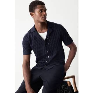 Next Navy Blue Regular Fit 100% Cotton Short Sleeve Cuban Collar Knit Pointelle Shirt