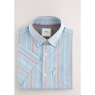 Next Petrol Blue/Red Short Sleeve With Button Down Collar Stripe Easy Iron Oxford Shirt