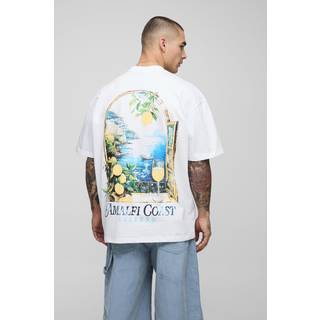 Mens White Oversized Extended Neck Amalfi Coast Landscape T-Shirt