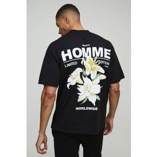 Mens Black Oversized Extended Neck Homme Lily Graphic T-Shirt