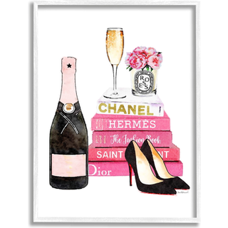 Stupell industrier glam lyser?d modebog champagne h?le og blomster hvid indrammet v?gkunst 16 x 20 design af kunstner Amanda Greenwood