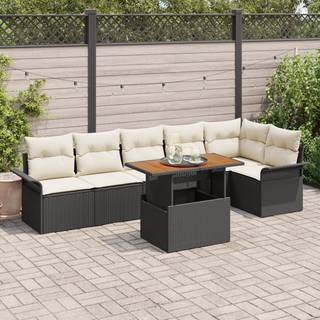 7-delt havemiddagsæt med puder sort poly rattan acacia