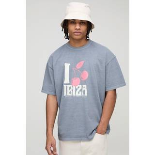 Mens Grey Oversized Ibiza Cherry Washed Printed T-Shirt