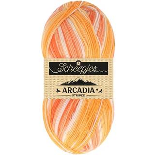 Scheepjes Arcadia 912 Sunburst (Striped) Indhold: 75% Superwash uld /25% polyamid Vægt/længde: 100 gram = ca 396 meter Anbefalede pinde: 2.50-3.00 mm Strikkefasthed: 10 x 10 cm = 36m x 44p Vask: Maskinvask 30 °C.