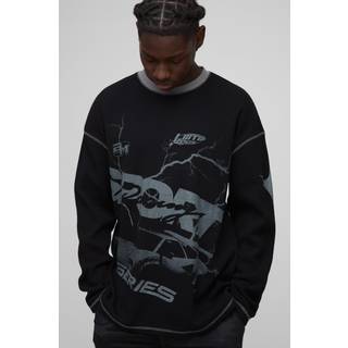Mens Black Oversized Long Sleeve Printed Waffle Sweatshirt