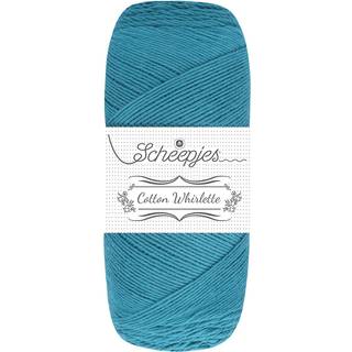 Scheepjes Cotton Whirlette 808 Water Indhold: 100% økologisk bomuld Vægt/længde:100 g = ca. 455 meter Anbefalede pinde:2.50-3.50 mm Strikkefasthed: 10 x 10 cm = 25 m x 44 p Vask:Maskinvask op til 30°C.
