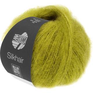 Lana Grossa Silkhair 200 Pistacie Indhold: 70% mohair, 30% silke Vægt/Længde: 25 g = ca. 210 meter Anbefalede pinde: 4.50-5.00 mm Strikkefasthed: 10 x 10 cm = 22 m x 27 p Vask:Håndvask / Tørres fladt.