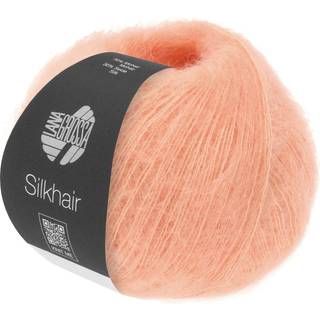 Lana Grossa Silkhair 199 Abrikos Indhold: 70% mohair, 30% silke Vægt/Længde: 25 g = ca. 210 meter Anbefalede pinde: 4.50-5.00 mm Strikkefasthed: 10 x 10 cm = 22 m x 27 p Vask:Håndvask / Tørres fladt.
