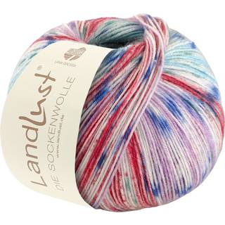 Lana Grossa Landlust Die Sockenwolle 515 Ecru/Bær/Mintturkis/Turkis/Lilla/Jeansblå Indhold: 80% ren, ny merinould, 20% polyamid Vægt/længde: 100 g = ca. 420 meter Anbefalede pinde: 2.50-3.00 mm Strikkefasthed: 10 x 10 cm = 28 m x 40 p Vask: Finvask 40℃ / Kan tørretumbles.