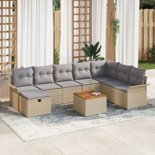 9 Delt Havensofa Sæt med Puder Beige Poly Rattan