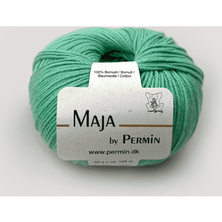 Permin Maja 63 Neon mint Indhold: 100% bomuld Vægt/længde: 50 g. = ca. 165 m Anbefalede pinde: 3-3.5mm Strikkefasthed: 10 x 10 cm = 24-25 m x 31-34 p Vask: Håndvask ved 30 ℃ / Tåler ikke tørretumbling / Tørres fladt.