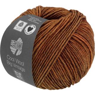 Lana Grossa Cool Wool Big Vintage 83 Rådyrbrun Indhold:100% ren ny merinould Vægt/Længde: 50 g = ca. 120 meter Anbefalede pinde: 3.50-4.00 mm Strikkefasthed: 10 x 10 cm = 19 m x 26 p Vask:Finvask 30º/ Tørres fladt.