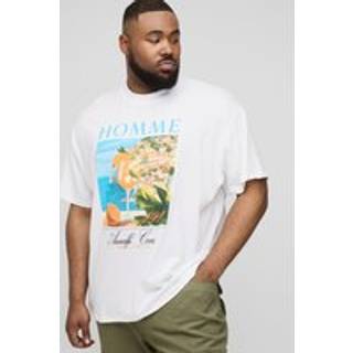 Mens White Plus Oversized Extended Neck Homme Amalfi Coast Landscape T-Shirt