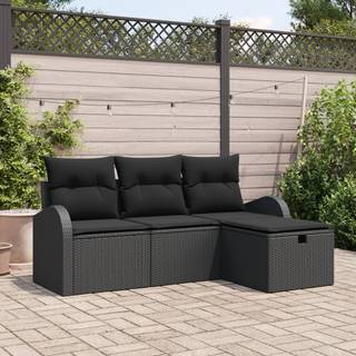 4-deles Have Sofa Sæt med Hynder Sort Poly Rattan