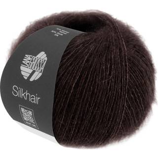 Lana Grossa Silkhair 209 Sortbrun Indhold: 70% mohair, 30% silke Vægt/Længde: 25 g = ca. 210 meter Anbefalede pinde: 4.50-5.00 mm Strikkefasthed: 10 x 10 cm = 22 m x 27 p Vask:Håndvask / Tørres fladt.