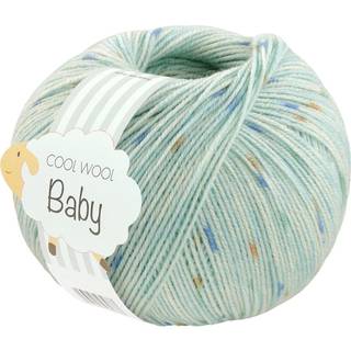Lana Grossa Cool Wool Baby 369 Mint/Blå/Orange Indhold:100% ren ny, ekstrafin merinould Vægt/Længde: 50 g = ca. 220 meter Anbefalede pinde: 2.50-3.00 mm Strikkefasthed: 10 x 10 cm = 28 m x 39 p Vask:Finvask 30º/ Tørres fladt.