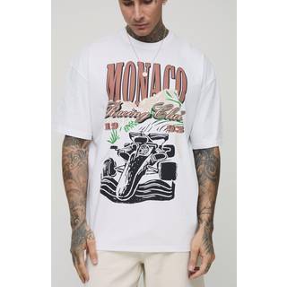 Mens White Tall Oversized Monaco Racing Car Print T-Shirt