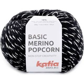 Katia Basic Merino Popcorn 102 Sort-hvid Indhold:43% superwash merinould, 39% akryl, 18% bomuld Vægt/længde:50 g = ca. 102 meter Anbefalede pinde:4-4.5 mm Strikkefasthed:10 x 10 cm = 19 m x 24 p Vask:Finvask 30℃ / Kan tørretumbles.
