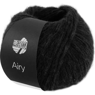 Lana Grossa Airy 10 Sort Indhold: 42% baby alpaca, 40% bomuld, 18% ren, ny merinould Vægt/Længde: 50 g = ca. 170 meter Anbefalede pinde: 5-5.5 mm Strikkefasthed: 10 x 10 cm = 15 m x 22 p Vask:Håndvask / Tørres fladt.