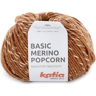 Katia Basic Merino Popcorn 106 Kobber-hvid Indhold:43% superwash merinould, 39% akryl, 18% bomuld Vægt/længde:50 g = ca. 102 meter Anbefalede pinde:4-4.5 mm Strikkefasthed:10 x 10 cm = 19 m x 24 p Vask:Finvask 30℃ / Kan tørretumbles.