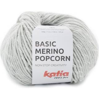 Katia Basic Merino Popcorn 104 Lysegrå-hvid Indhold:43% superwash merinould, 39% akryl, 18% bomuld Vægt/længde:50 g = ca. 102 meter Anbefalede pinde:4-4.5 mm Strikkefasthed:10 x 10 cm = 19 m x 24 p Vask:Finvask 30℃ / Kan tørretumbles.