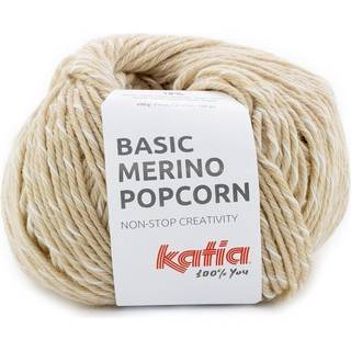 Katia Basic Merino Popcorn 105 Beige-hvid Indhold:43% superwash merinould, 39% akryl, 18% bomuld Vægt/længde:50 g = ca. 102 meter Anbefalede pinde:4-4.5 mm Strikkefasthed:10 x 10 cm = 19 m x 24 p Vask:Finvask 30℃ / Kan tørretumbles.