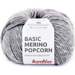 Katia Basic Merino Popcorn 103 Mørkegrå-hvid Indhold:43% superwash merinould, 39% akryl, 18% bomuld Vægt/længde:50 g = ca. 102 meter Anbefalede pinde:4-4.5 mm Strikkefasthed:10 x 10 cm = 19 m x 24 p Vask:Finvask 30℃ / Kan tørretumbles.