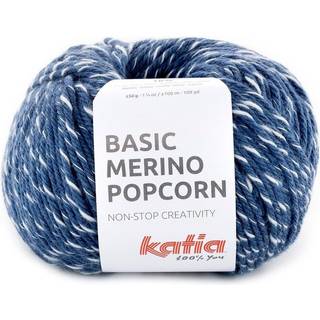 Katia Basic Merino Popcorn 101 Jeans-hvid Indhold:43% superwash merinould, 39% akryl, 18% bomuld Vægt/længde:50 g = ca. 102 meter Anbefalede pinde:4-4.5 mm Strikkefasthed:10 x 10 cm = 19 m x 24 p Vask:Finvask 30℃ / Kan tørretumbles.